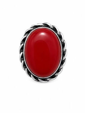 925 Stamped - Sterling Silver Handcrafted Red Oval Stone Silver-Trim Ring